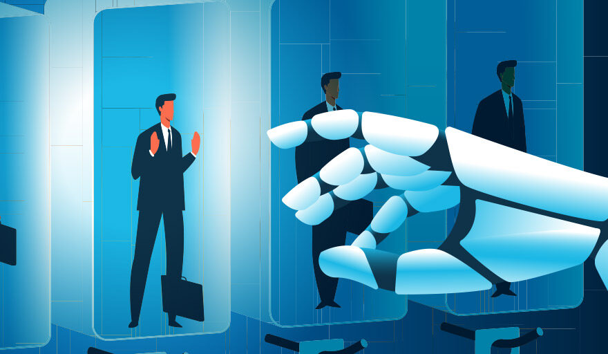 Cartoon image of a robotic hand selecting a person from a shelf who is dressed in a business suit