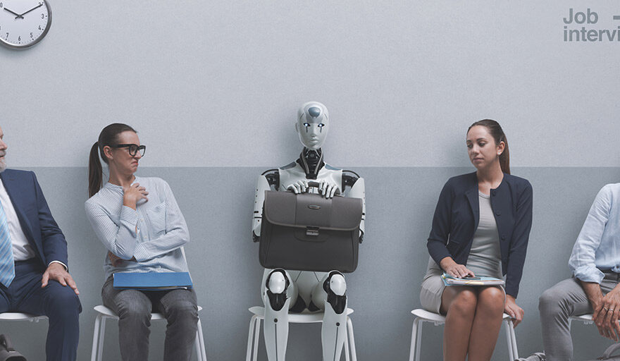Group of people and one robot waiting for a job interview.